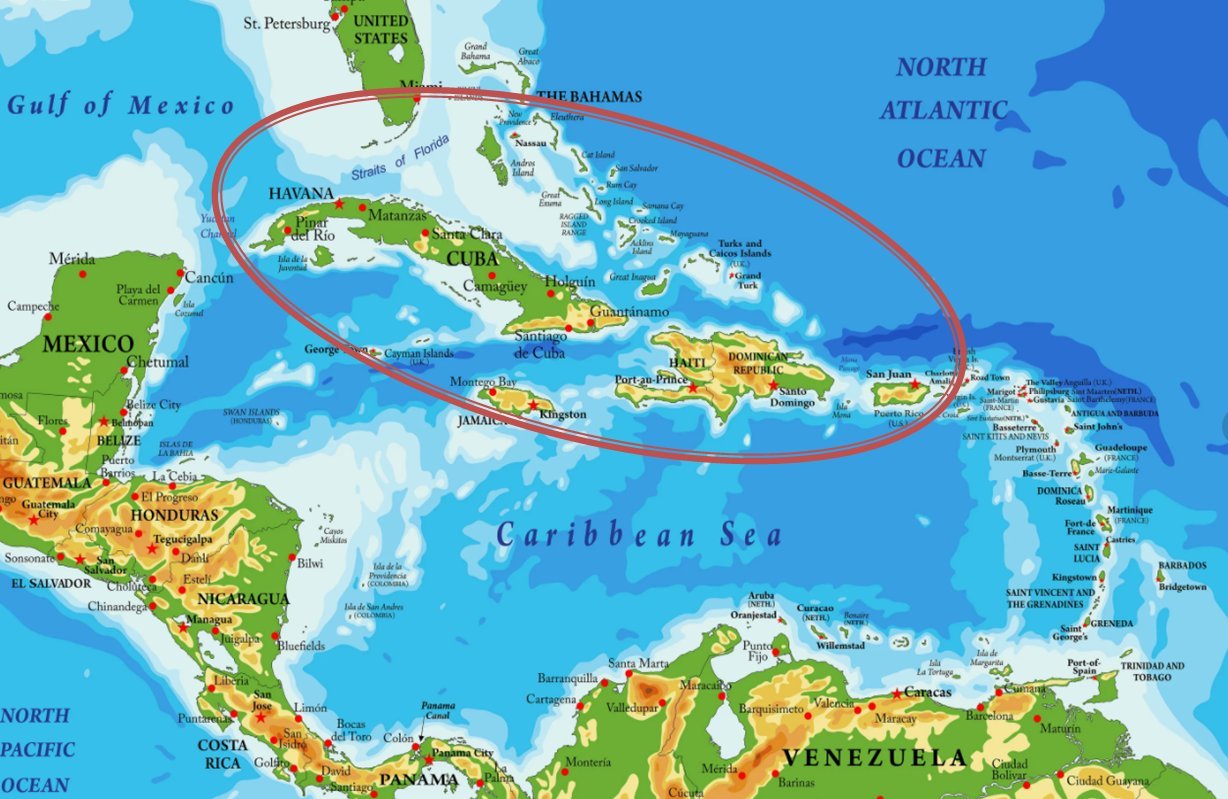 Карибское море на карте океанов