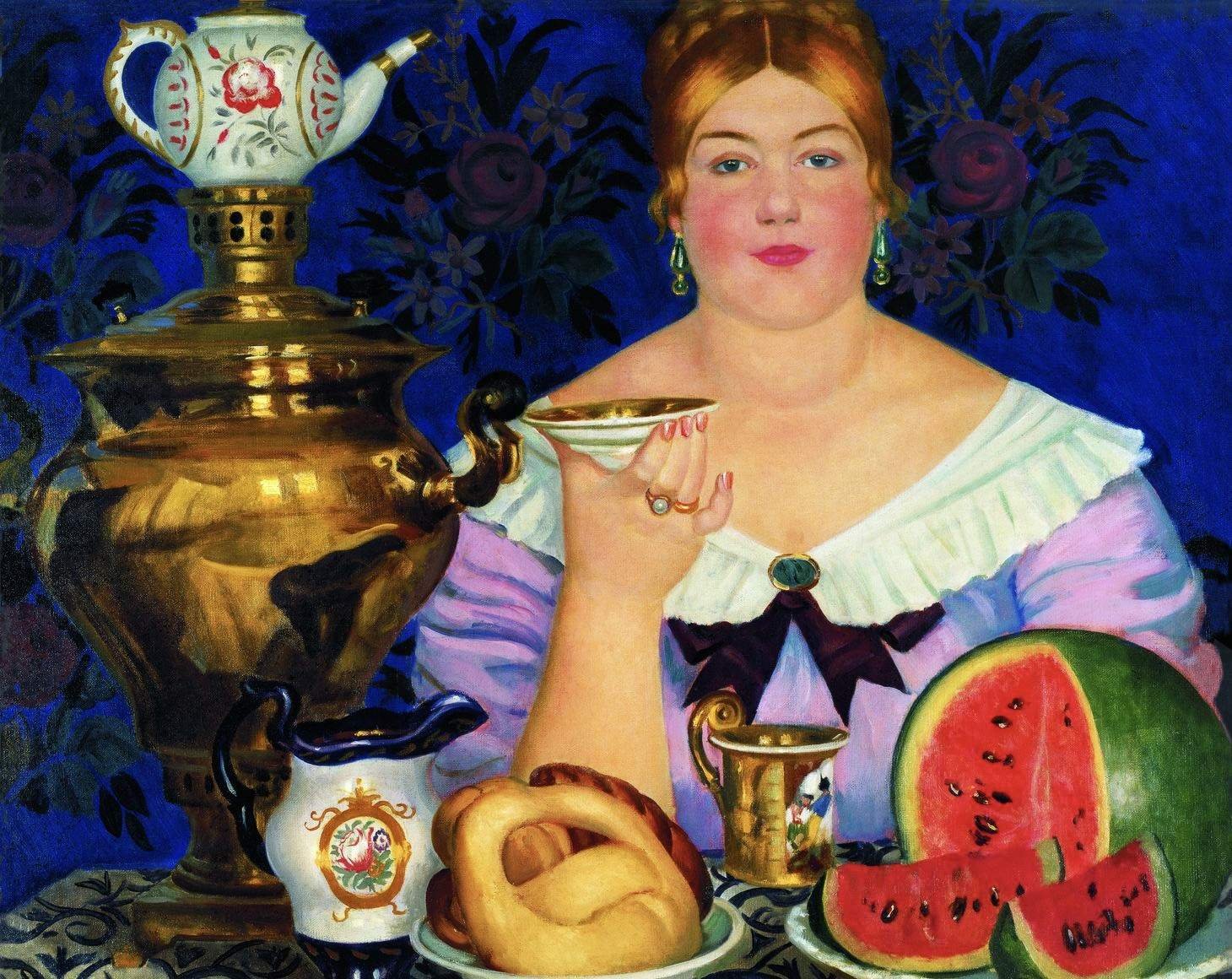 Кустодиев Купчиха пьющая чай 1923