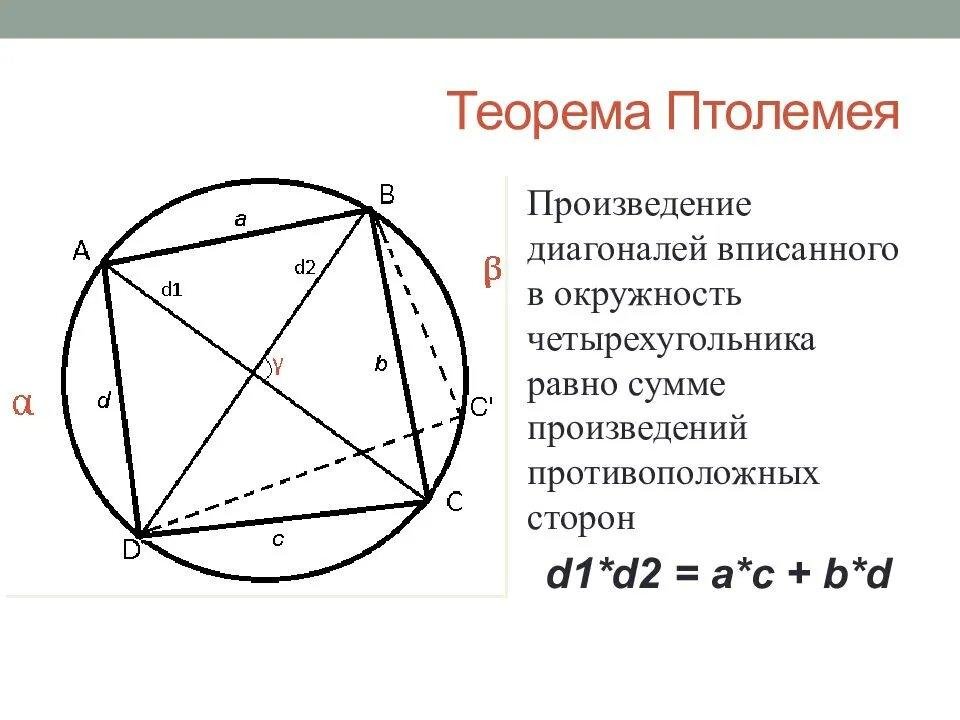 Пересечение диагоналей четырехугольника вписанного в окружность. Теорема Птолемея произведение диагоналей вписанного в окружность. Теорема Птолемея для четырехугольника вписанного в окружность. Теорема Птолемея для четырехугольника вписанного в круг. Теорема Птолемея для вписанного четырехугольника.