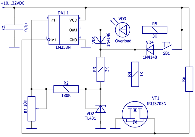 Схема электронного предохранителя постоянного тока