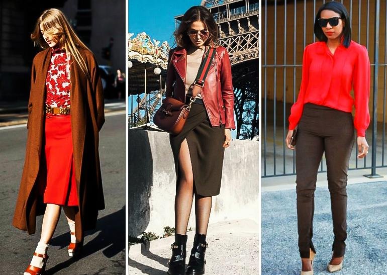 сочетание красного в одежде. сочетания в одежде для женщин. сочетание красного и бежевого. красный с коричневым в одежде. сочетание цветов в одежде красный.