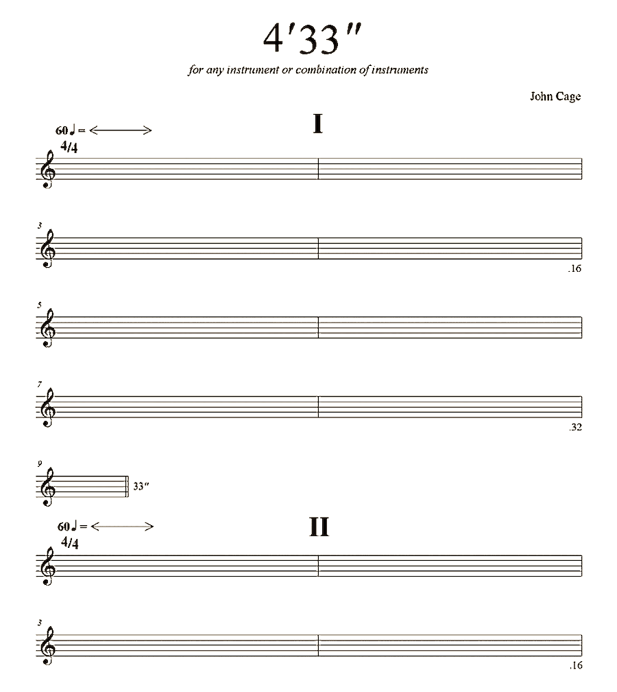 Музыкальное произведение 4. Джон Кейдж 4'33 Ноты. John Cage 4'33 Ноты. Пьеса 4 33 Джона Кейджа. Партитура Джона Кейджа 4'33