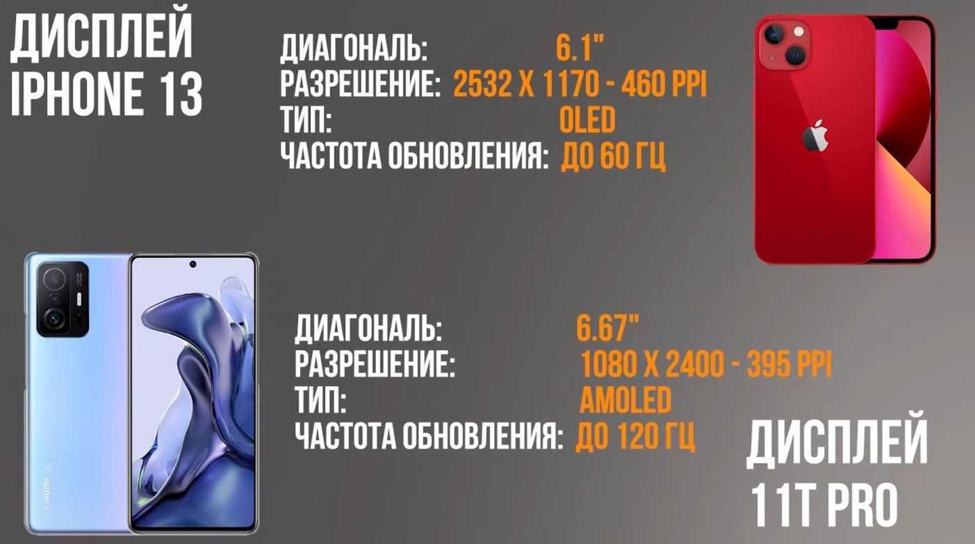 сравнение дисплеев iPhone 13 и Xiaomi Mi 11T Pro