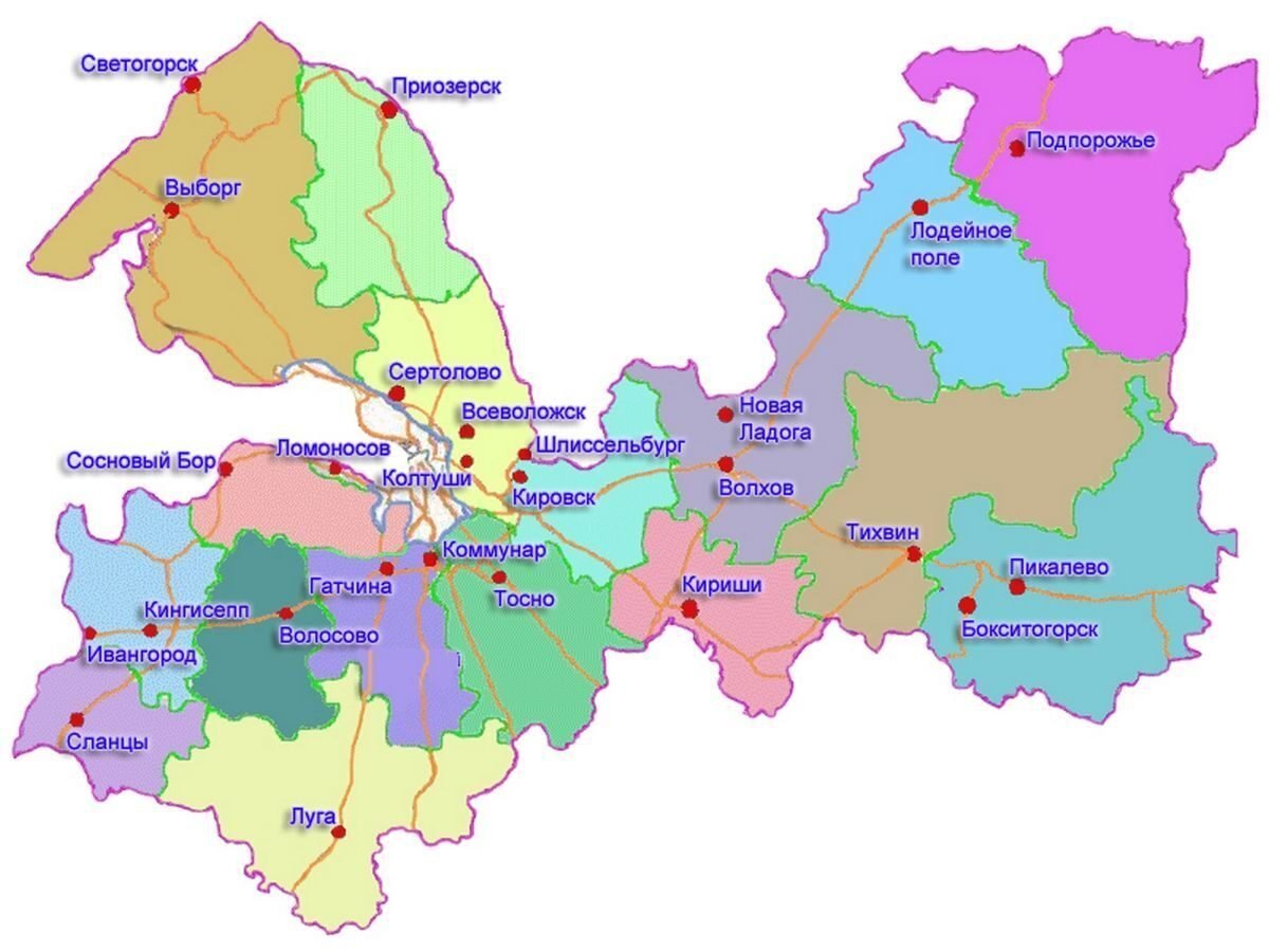 Муниципальные районы Ленинградской области на карте