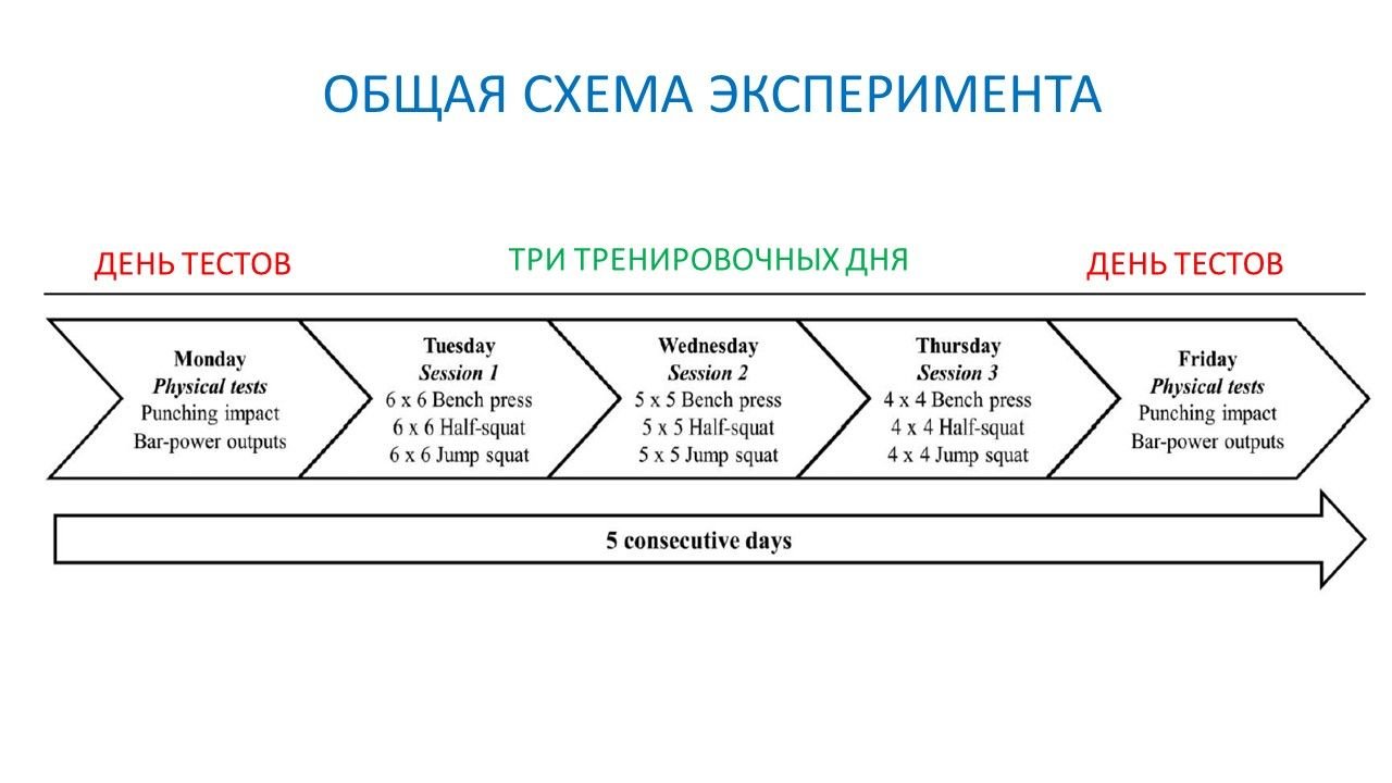 Рисунок 1. Схема эксперимента. Три дня подряд силовые тренировки и тесты до и после.