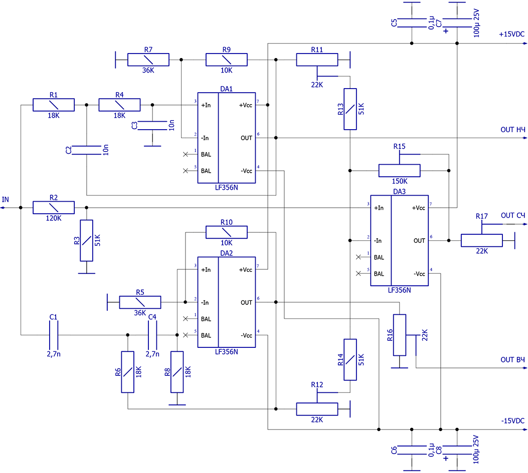 Активный разделительный фильтр НЧ-ВЧ-СЧ Бесселя второго порядка для ...