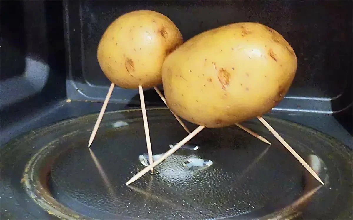 Почему картошка не пропекается. Картошка на ножках. Картофель на зубочистках. Картошка в микроволновке.