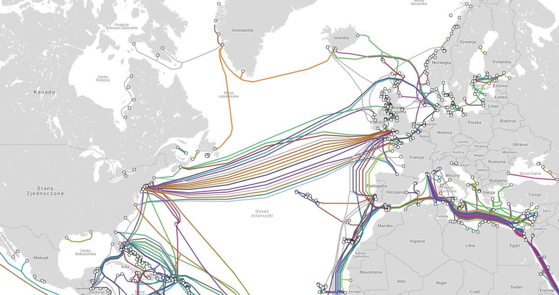 Карта кабелей интернета по океанам