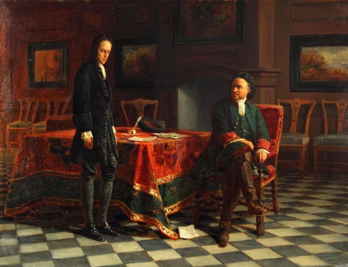 Н. Ге петр i допрашивает царевича алексея в петергофе. Конфликт между петром 1 и его сыном. Дело царевича алексея сына петра 1. Ге «петр i допрашивает царевича алексея петровича в петергофе».