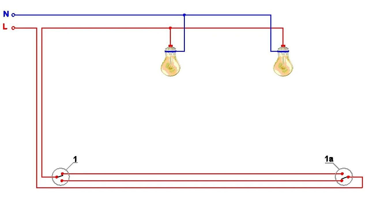 Как подключить лампочку на проходные выключатели. Схема проходного выключателя с 2 мест одноклавишный на две лампочки. Схема соединения проходного выключателя одноклавишного. Схема подключения проходных выключателей одноклавишных на две лампы. Схема проходных выключателей на 2 лампочки.