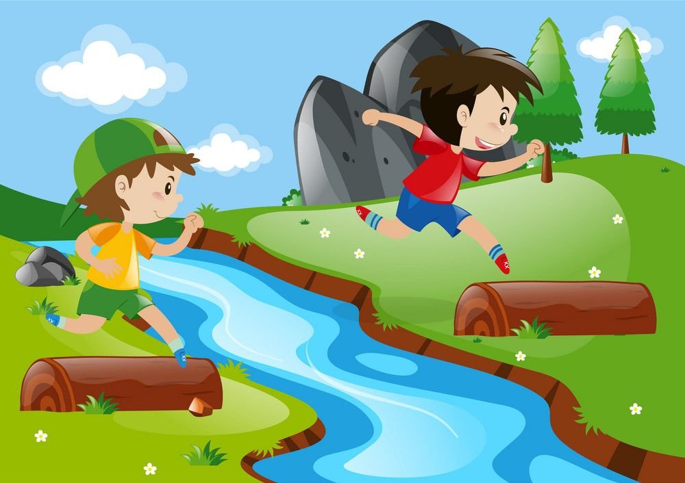Побегу к реке. Прыгает через ручей. Дети прыгают через реку. Мальчик прыгает. Игры на реке для детей.