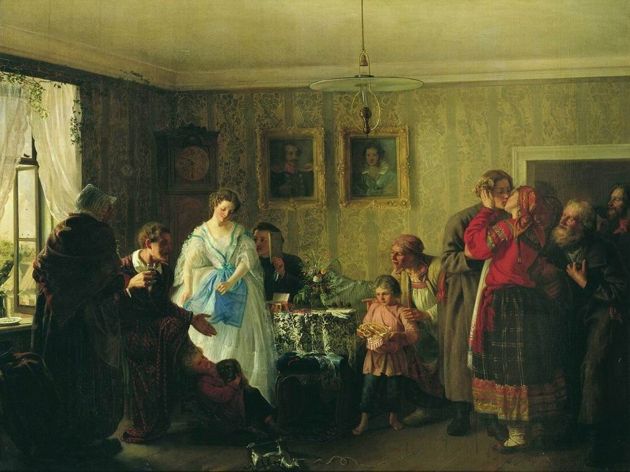Г. Мясоедов "Поздравление молодых в доме помещика" (1861)