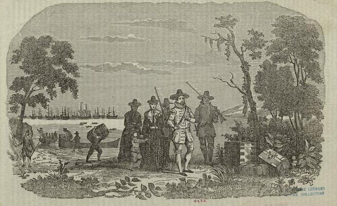 Гравюра, изображающая прибытие Уинтропа в Новую Англию