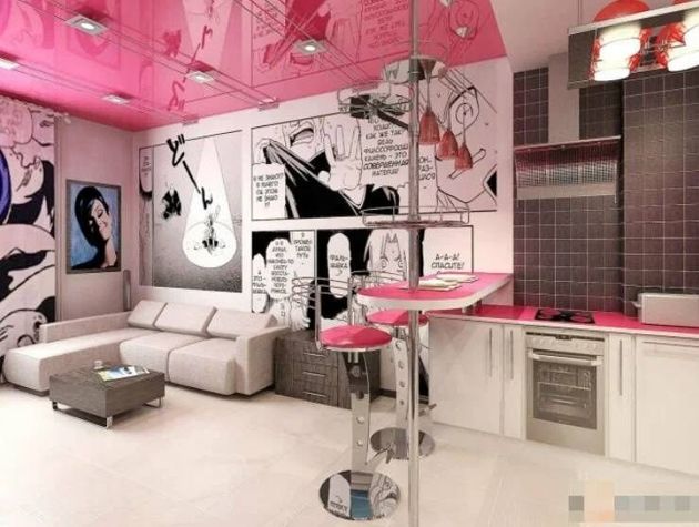 Экстравагантный интерьер в стиле «поп-арт». Его использование в дизайне гостиной, кухни или ванной комнаты
