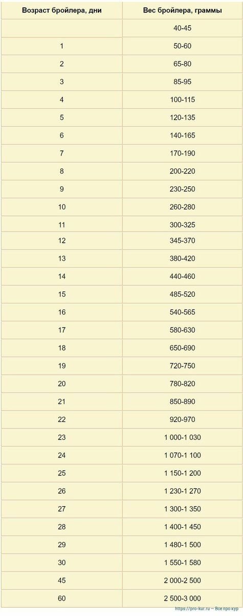 таблица веса бройлеров по дням кобб 500
