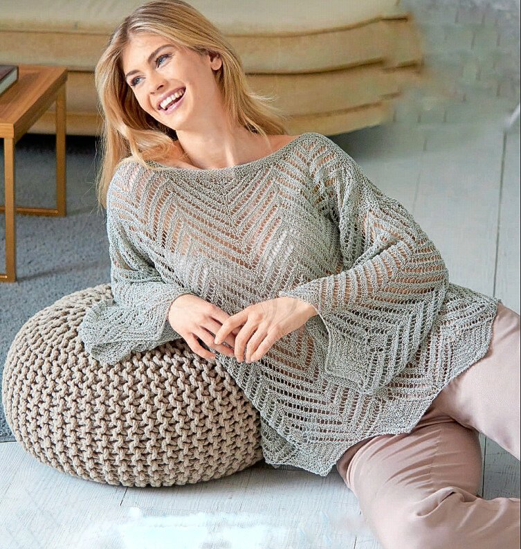 Полупрозрачный ажурный пуловер с узором зигзаг