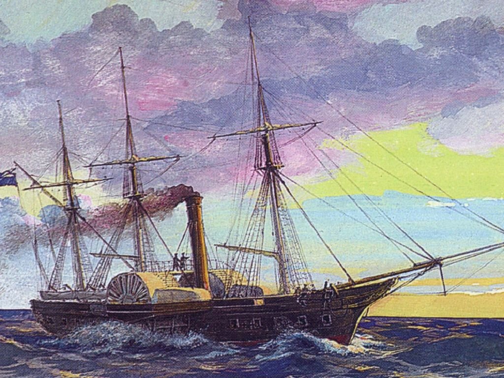 Военный пароход. Пароходофрегат богатырь. Метеор пароход, 1825.