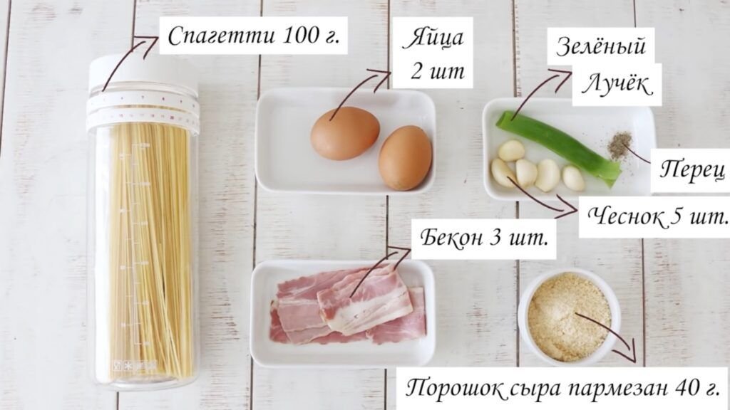 Ингредиенты для спагетти карбонара с сыром и беконом