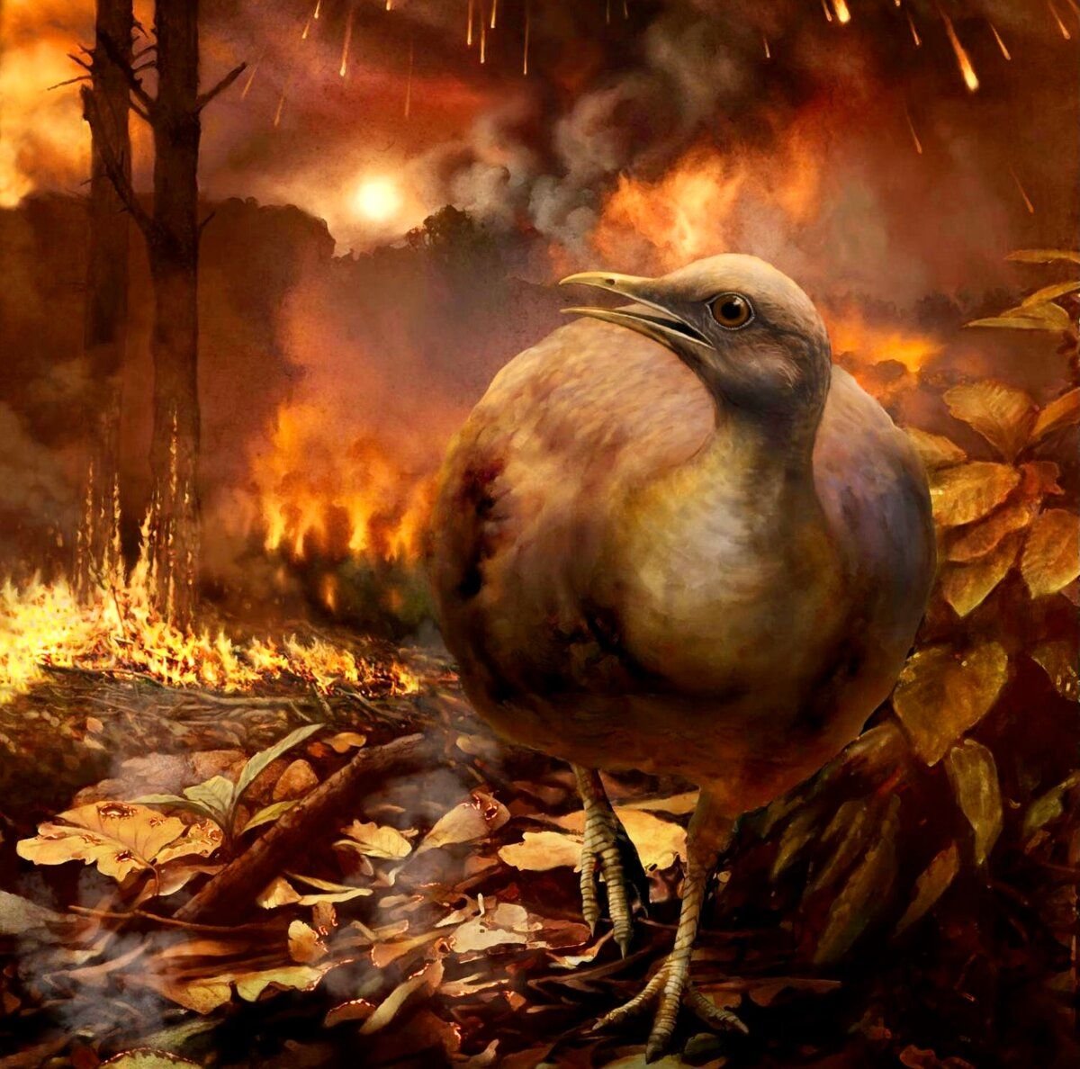 Птица апокалипсиса. Доисторические птицы. Птицы в горящем лесу. Вымирание динозавров.