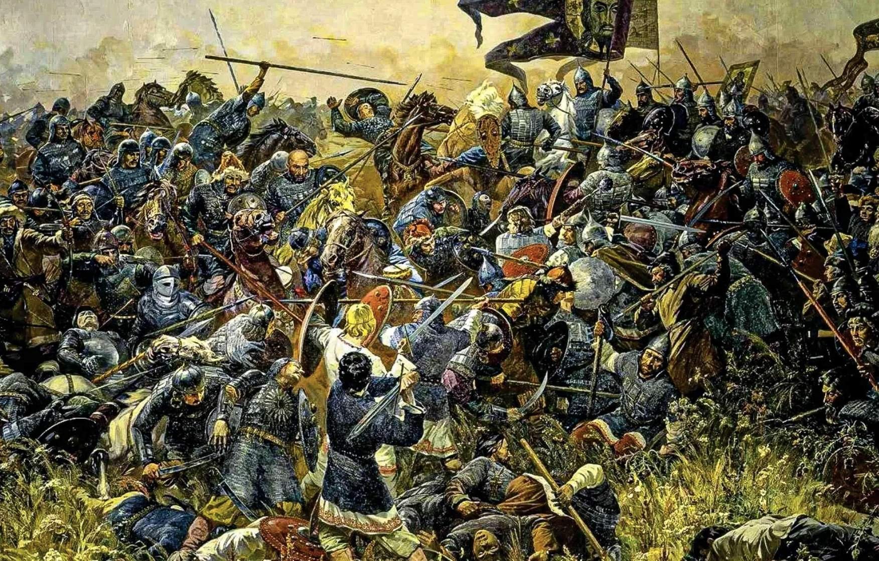 Кто разгромил хана. Куликовская битва 1380 г. Дзысь Куликовская битва. Присекин Куликовская битва картина.