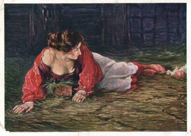 Н. Касаткин "Крепостная актриса в опале, кормящая грудью барского щенка". (1910).