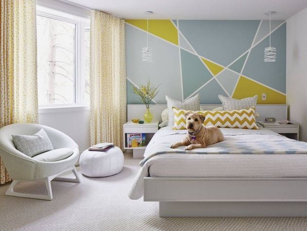 Геометрические акцентные стены в спальне способные изменить интерьер комнаты без серьезного ремонта